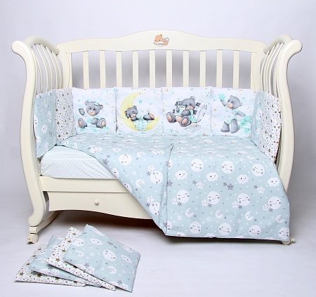Комплект 17 предметов "Мишка на луне" мята сатин
